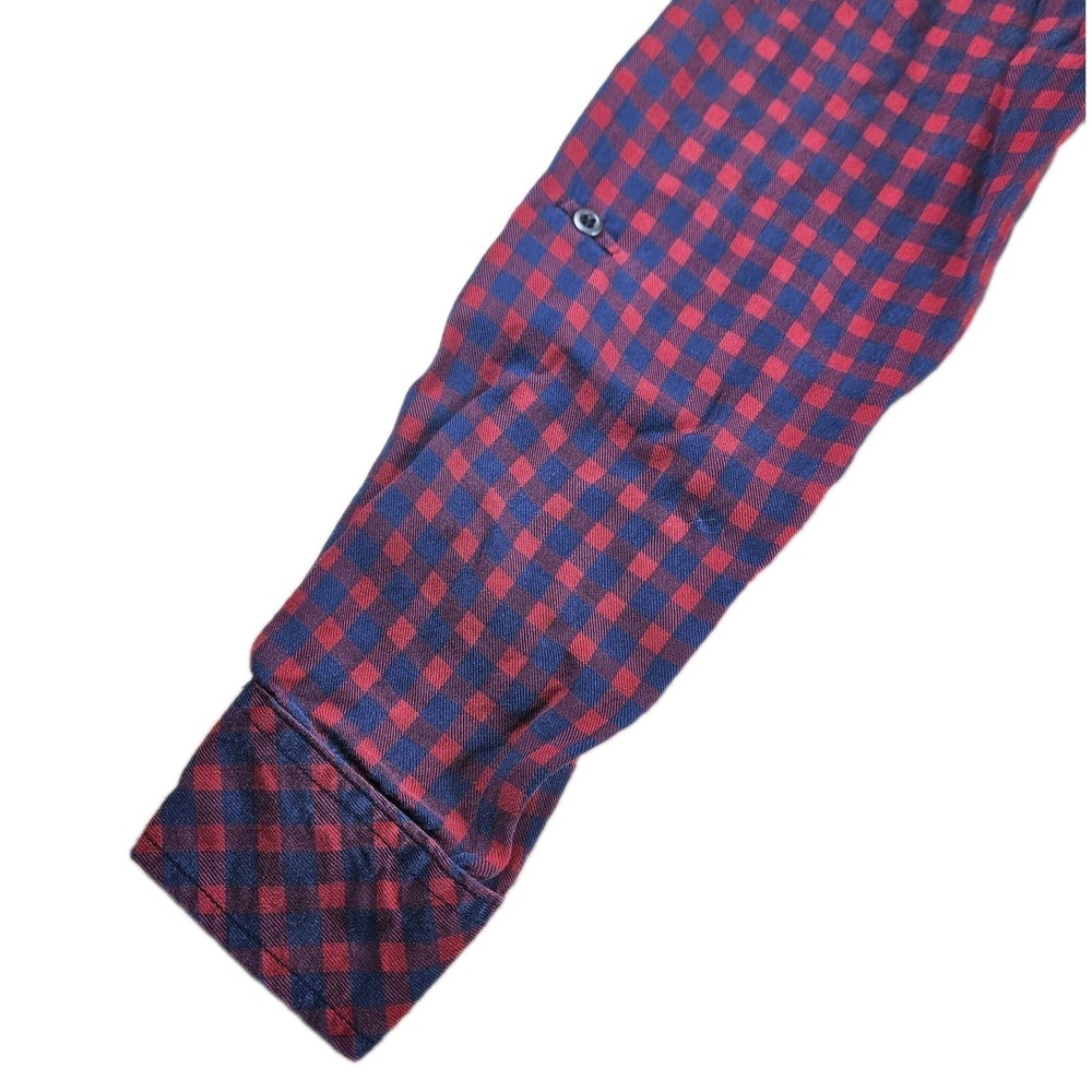 Billy T Shirt Dress Small Red Blue Plaid Studded High Low Button Roll Tab Sleeve - Picture 5 of 10